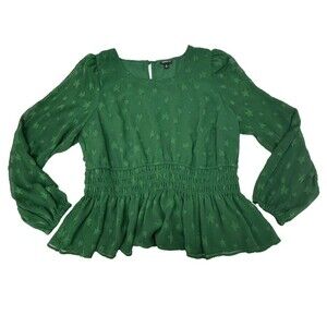 TORRID 2X Green Star Print Peplum Blouse Smocked Waist Sheer Puff Sleeve